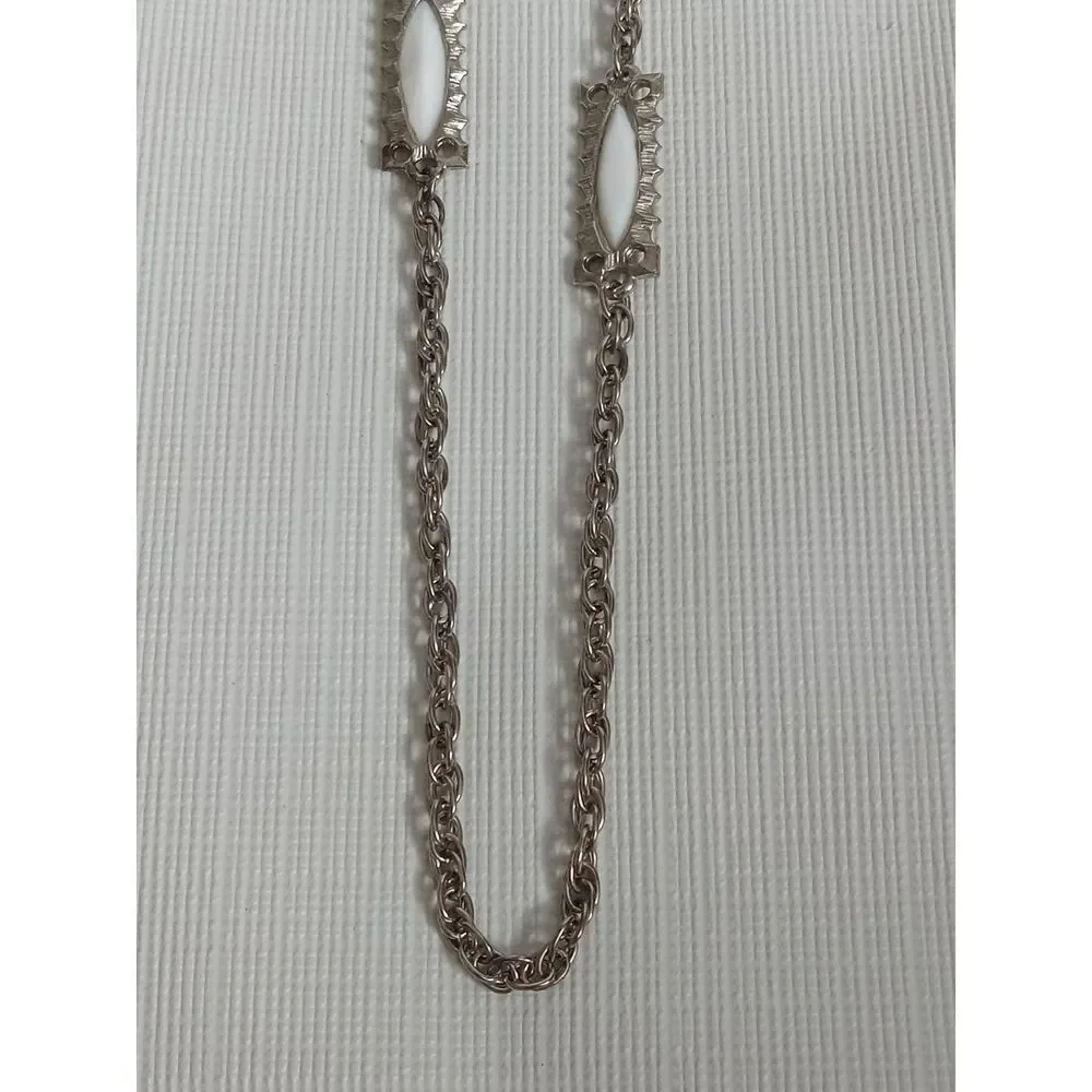 Solid White & Silver Toned Metal Rectangle Accents Long Length Layering Necklace